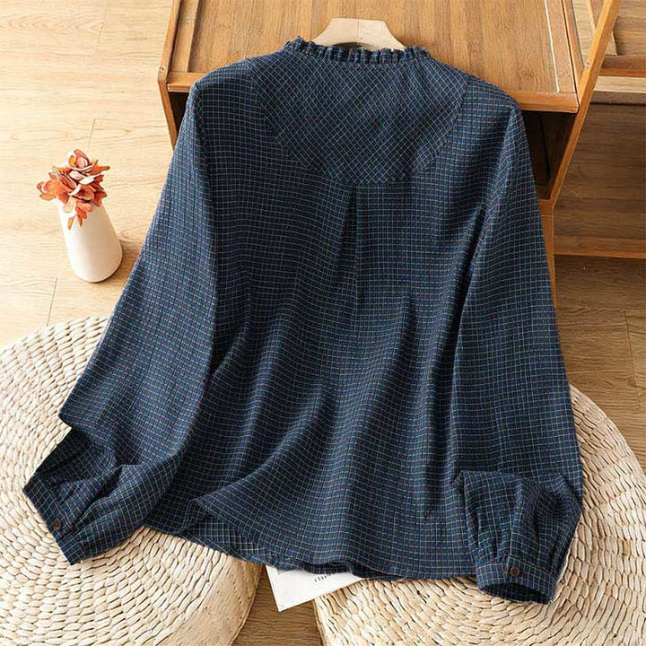 Camicia da donna in cotone a maniche lunghe con scollo a V, bottoni e motivo a quadri blu Buddha Stones Fall - image 1