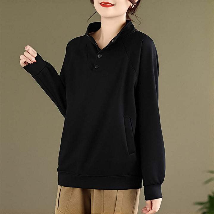 Felpa da donna in cotone a maniche lunghe con colletto rialzato e bottoni, modello Buddha Stones Fall Solid - image 2