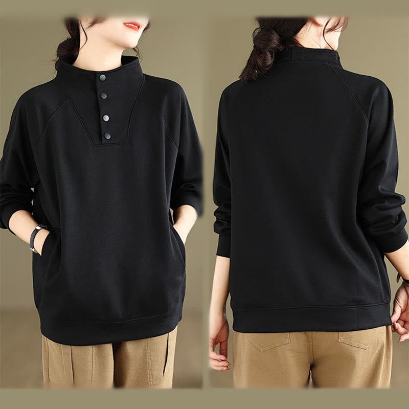 Felpa da donna in cotone a maniche lunghe con colletto rialzato e bottoni, modello Buddha Stones Fall Solid - image 4