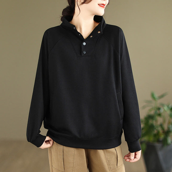 Felpa da donna in cotone a maniche lunghe con colletto rialzato e bottoni, modello Buddha Stones Fall Solid - Nero - US8-10, UK/AU12-14, EU40-42 (2XL) - image 0