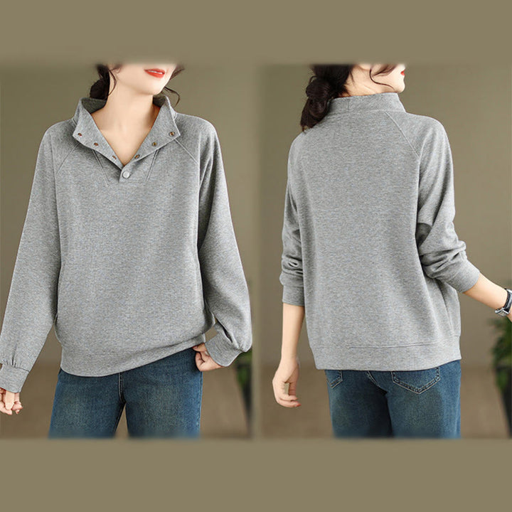 Felpa da donna in cotone a maniche lunghe con colletto rialzato e bottoni, modello Buddha Stones Fall Solid - image 9