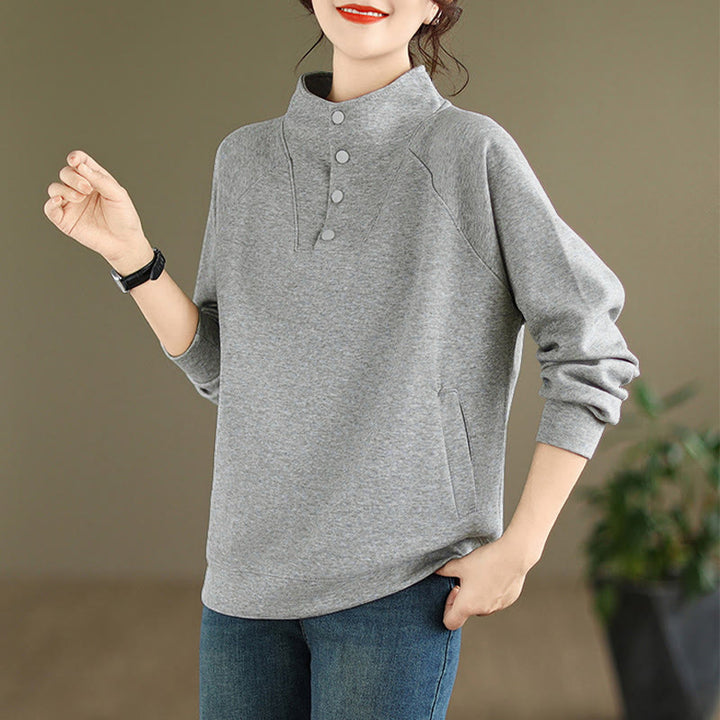 Felpa da donna in cotone a maniche lunghe con colletto rialzato e bottoni, modello Buddha Stones Fall Solid - image 8