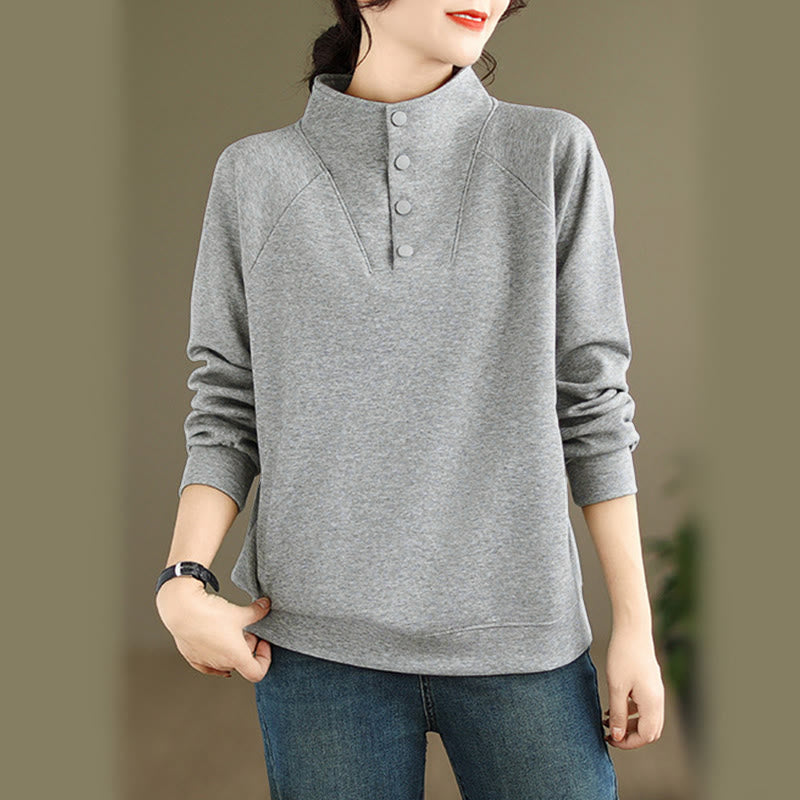 Felpa da donna in cotone a maniche lunghe con colletto rialzato e bottoni, modello Buddha Stones Fall Solid - Grigio chiaro - US8-10, UK/AU12-14, EU40-42 (2XL) - image 5