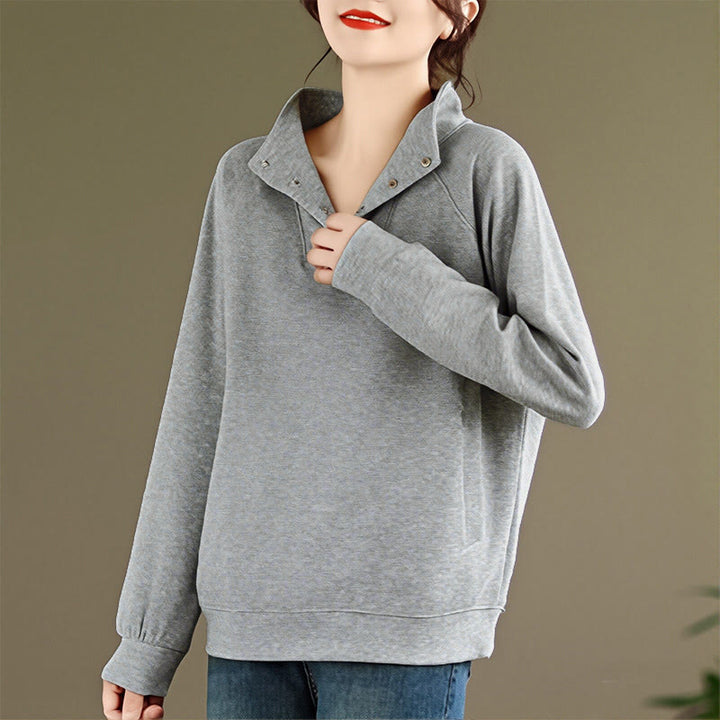 Felpa da donna in cotone a maniche lunghe con colletto rialzato e bottoni, modello Buddha Stones Fall Solid - image 6
