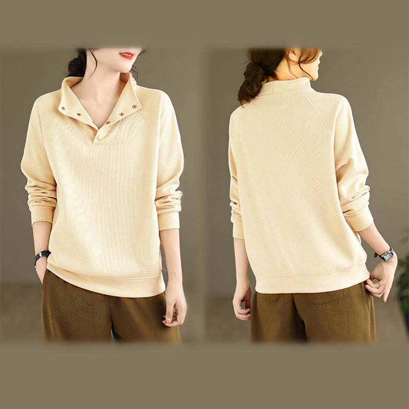 Felpa da donna in cotone a maniche lunghe con colletto rialzato e bottoni, modello Buddha Stones Fall Solid - image 14