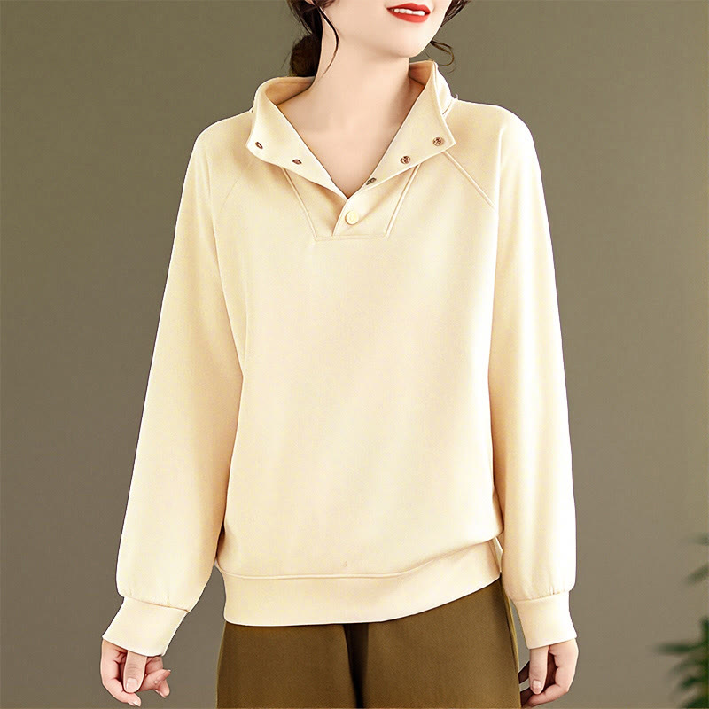 Felpa da donna in cotone a maniche lunghe con colletto rialzato e bottoni, modello Buddha Stones Fall Solid - image 12