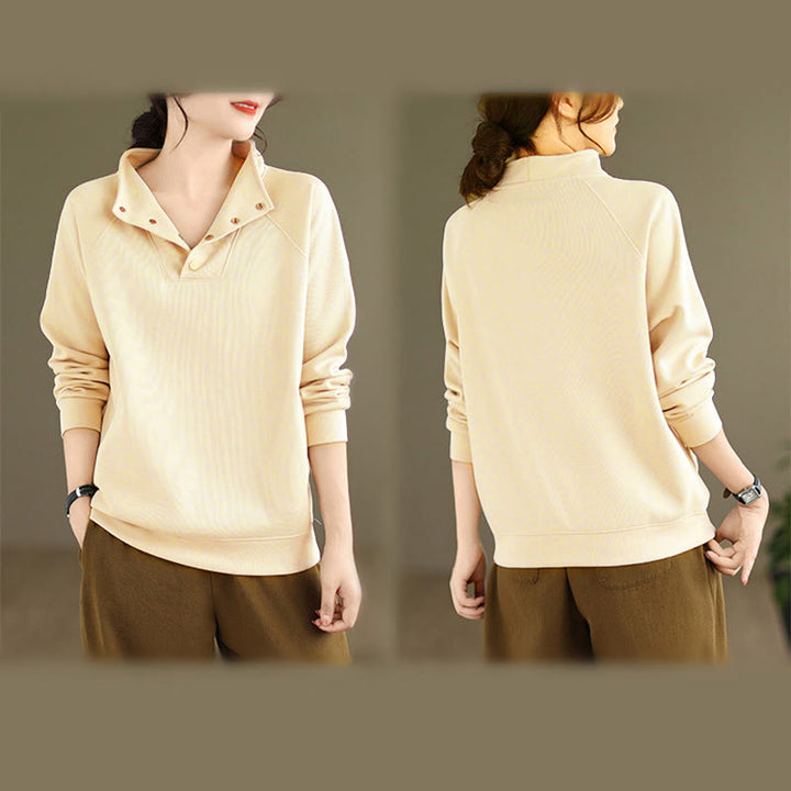 Felpa da donna in cotone a maniche lunghe con colletto rialzato e bottoni, modello Buddha Stones Fall Solid - image 14