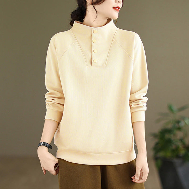 Felpa da donna in cotone a maniche lunghe con colletto rialzato e bottoni, modello Buddha Stones Fall Solid - image 11