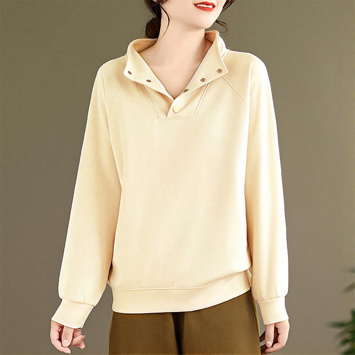 Felpa da donna in cotone a maniche lunghe con colletto rialzato e bottoni, modello Buddha Stones Fall Solid - image 12