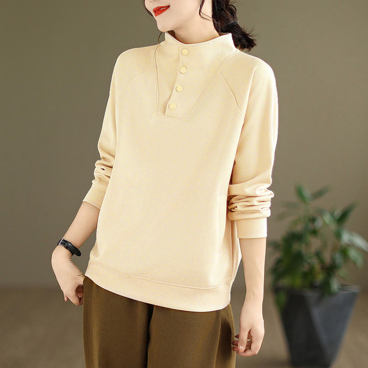 Felpa da donna in cotone a maniche lunghe con colletto rialzato e bottoni, modello Buddha Stones Fall Solid - image 13