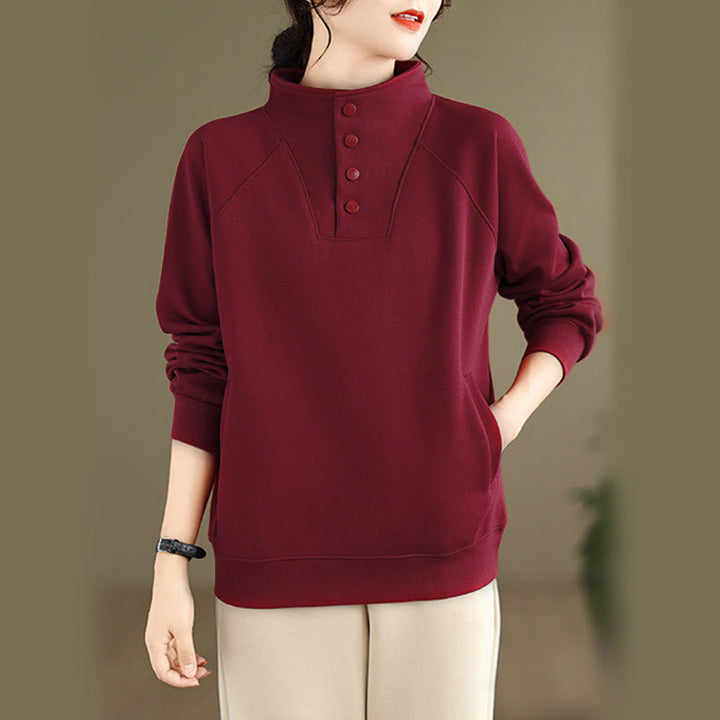 Felpa da donna in cotone a maniche lunghe con colletto rialzato e bottoni, modello Buddha Stones Fall Solid - Rosso scuro - US8-10, UK/AU12-14, EU40-42 (2XL) - image 31
