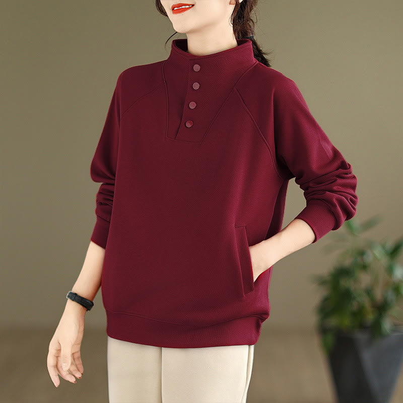 Felpa da donna in cotone a maniche lunghe con colletto rialzato e bottoni, modello Buddha Stones Fall Solid - image 32