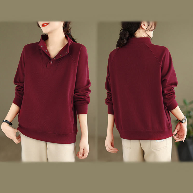 Felpa da donna in cotone a maniche lunghe con colletto rialzato e bottoni, modello Buddha Stones Fall Solid - image 35