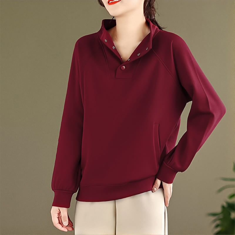 Felpa da donna in cotone a maniche lunghe con colletto rialzato e bottoni, modello Buddha Stones Fall Solid - image 34