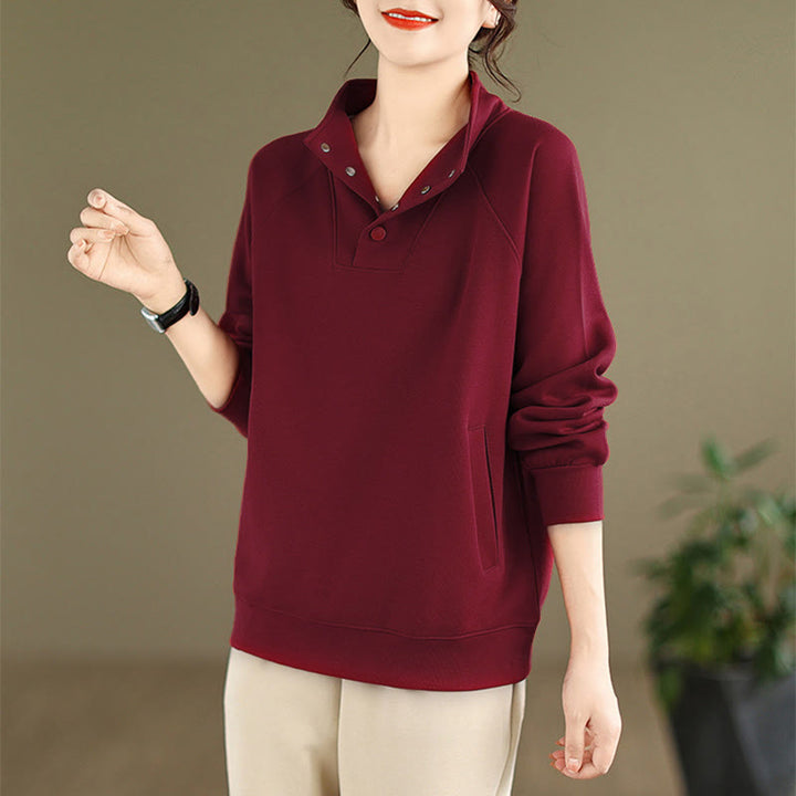 Felpa da donna in cotone a maniche lunghe con colletto rialzato e bottoni, modello Buddha Stones Fall Solid - image 33