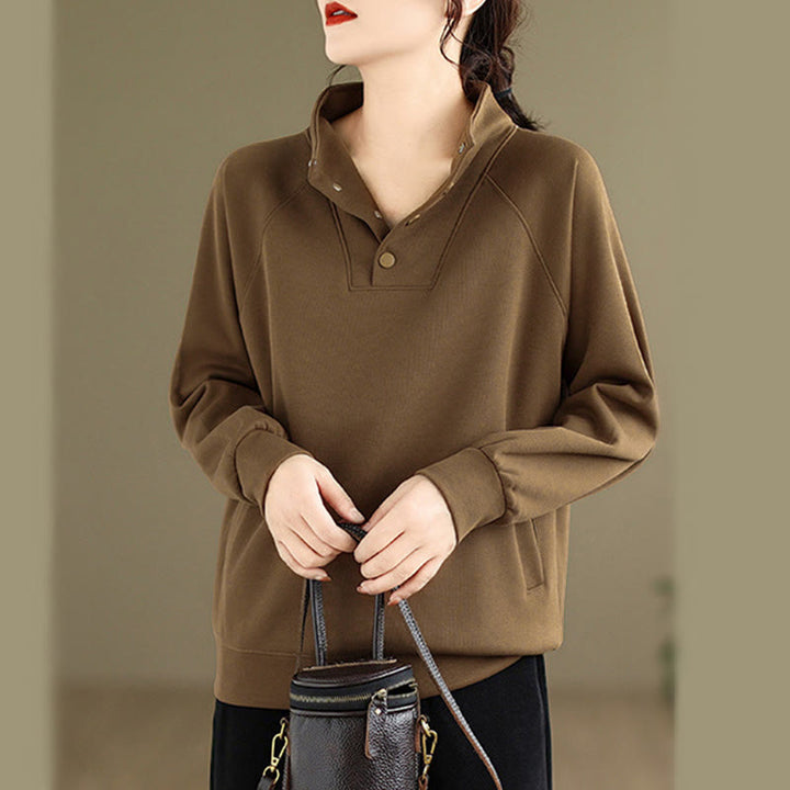 Felpa da donna in cotone a maniche lunghe con colletto rialzato e bottoni, modello Buddha Stones Fall Solid - image 30