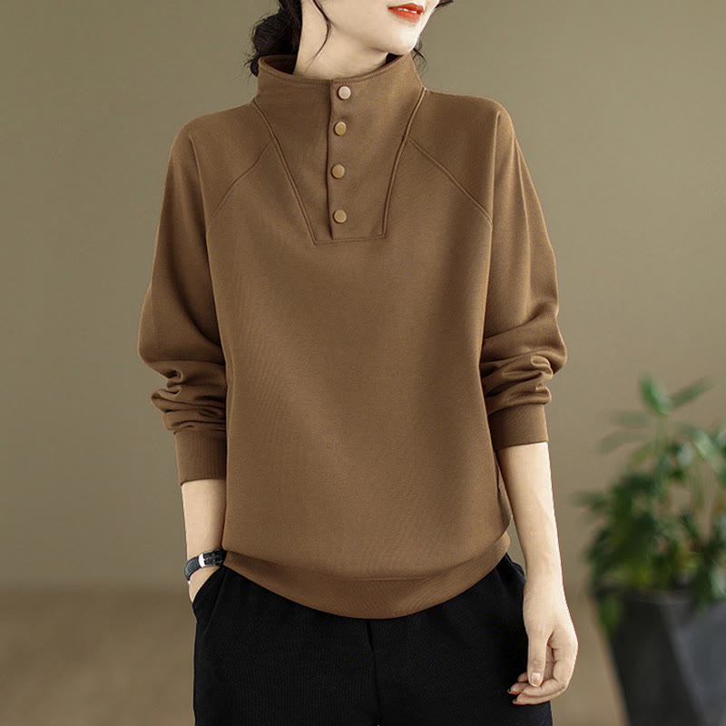 Felpa da donna in cotone a maniche lunghe con colletto rialzato e bottoni, modello Buddha Stones Fall Solid - image 27