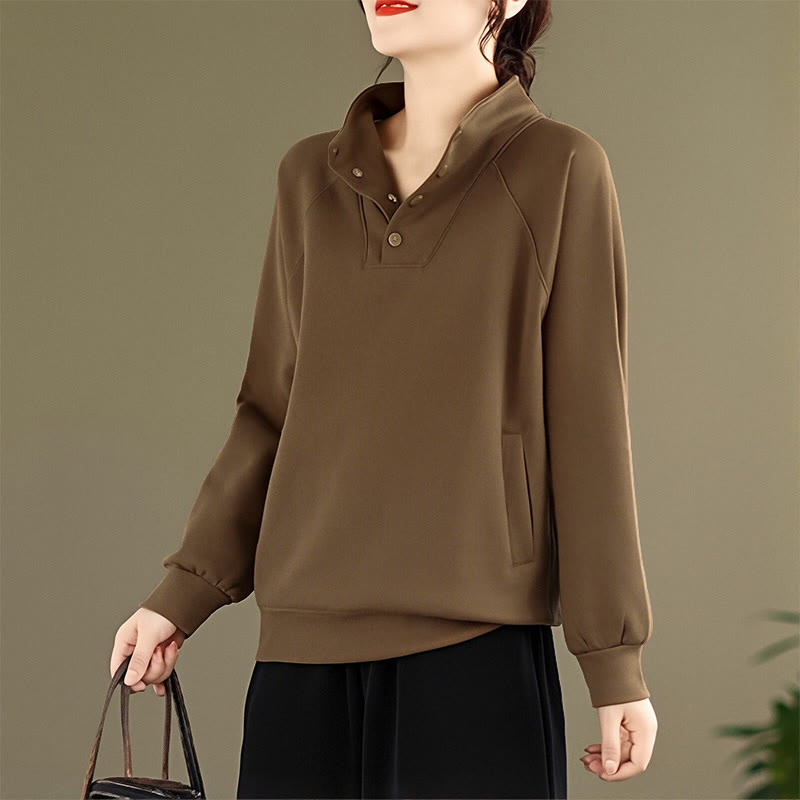 Felpa da donna in cotone a maniche lunghe con colletto rialzato e bottoni, modello Buddha Stones Fall Solid - image 28