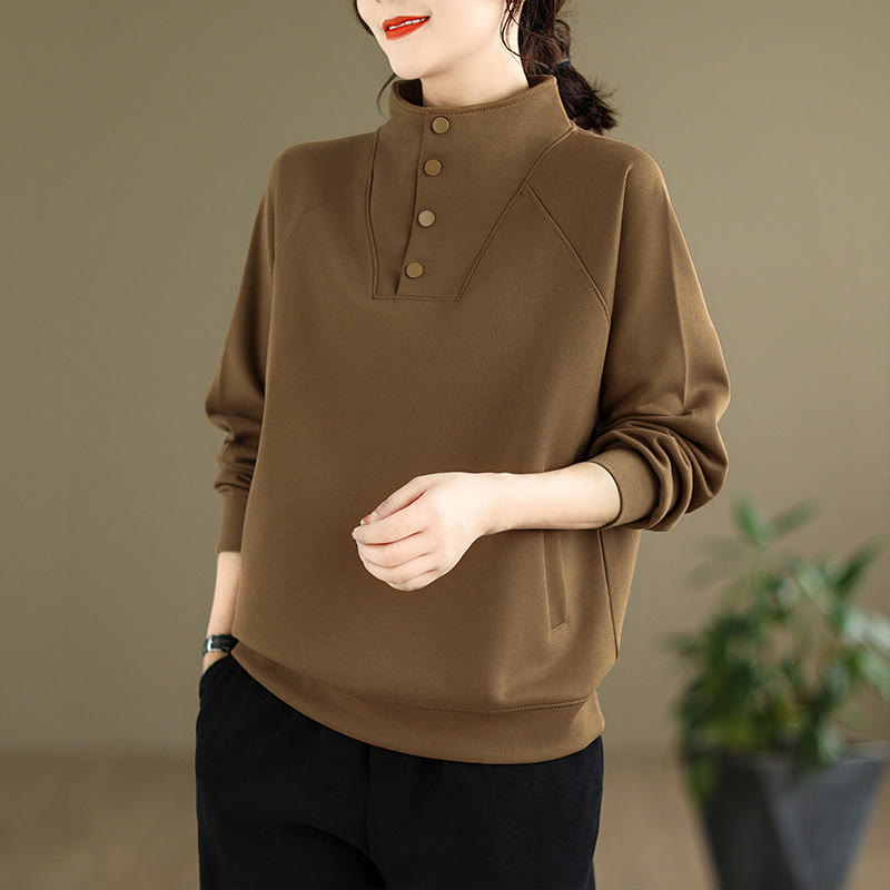 Felpa da donna in cotone a maniche lunghe con colletto rialzato e bottoni, modello Buddha Stones Fall Solid - Marrone sella - US8-10, UK/AU12-14, EU40-42 (2XL) - image 26