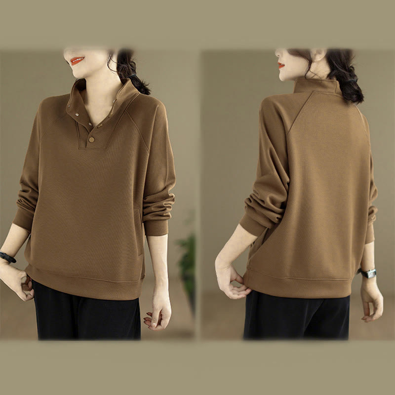 Felpa da donna in cotone a maniche lunghe con colletto rialzato e bottoni, modello Buddha Stones Fall Solid - image 29