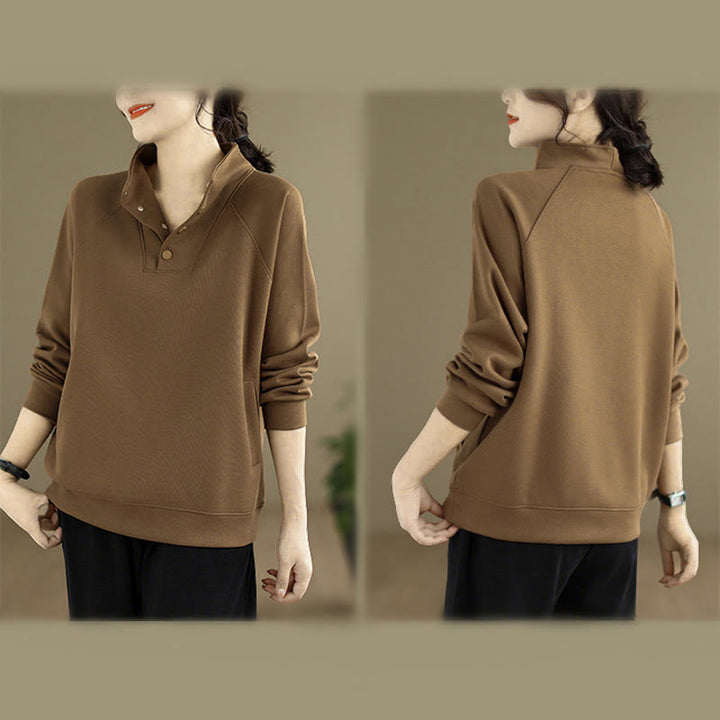 Felpa da donna in cotone a maniche lunghe con colletto rialzato e bottoni, modello Buddha Stones Fall Solid - image 29