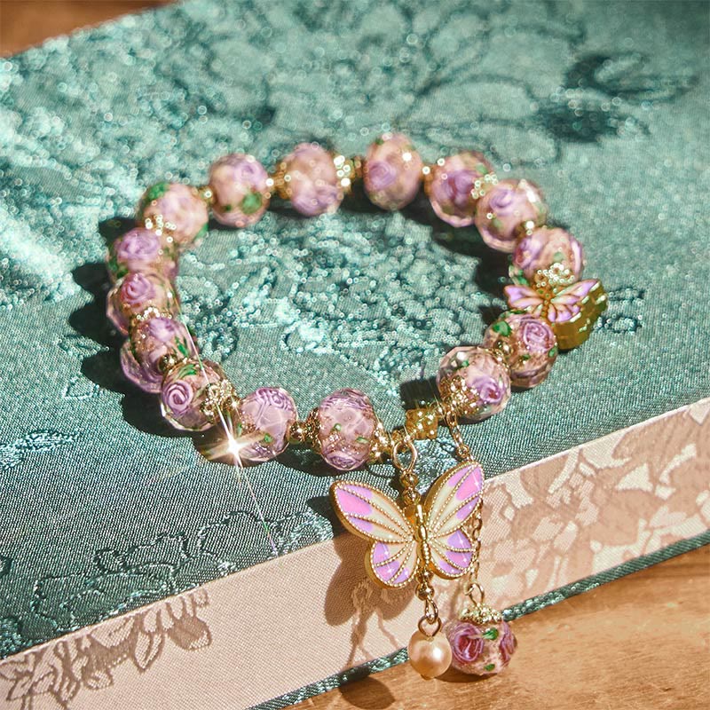 Braccialetto dell'amore con perline di vetro Liuli, ciondolo a forma di fiore con doppie farfalle Buddha Stones - image 3