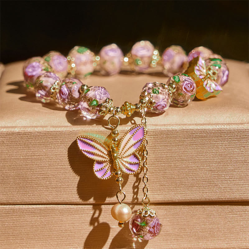 Braccialetto dell'amore con perline di vetro Liuli, ciondolo a forma di fiore con doppie farfalle Buddha Stones - image 1
