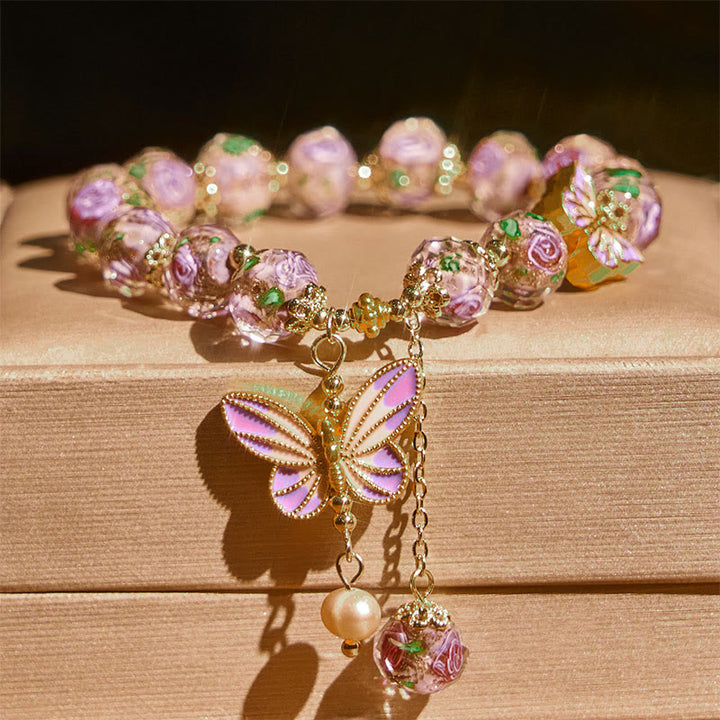 Braccialetto dell'amore con perline di vetro Liuli, ciondolo a forma di fiore con doppie farfalle Buddha Stones - image 1