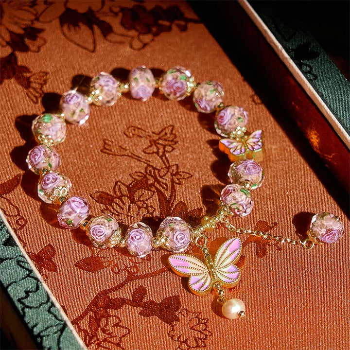 Braccialetto dell'amore con perline di vetro Liuli, ciondolo a forma di fiore con doppie farfalle Buddha Stones - image 2