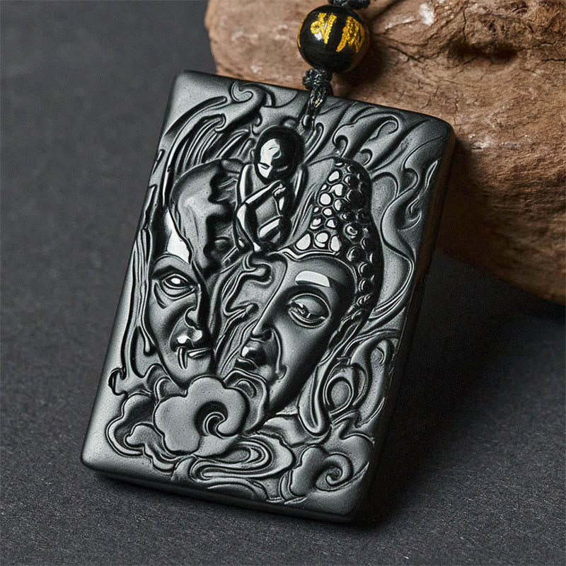 Collana con ciondolo in ossidiana nera e forma a rilievo, metà demone e metà Buddha , Buddha Stones - image 0