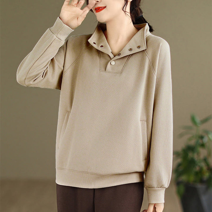 Felpa da donna in cotone a maniche lunghe con colletto rialzato e bottoni, modello Buddha Stones Fall Solid - image 22