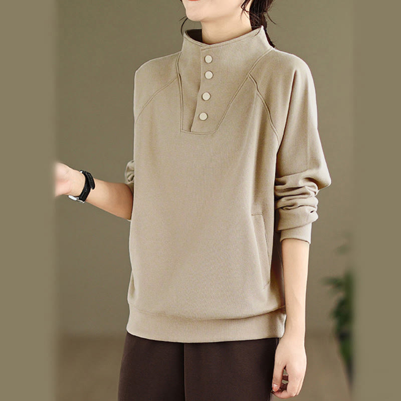 Felpa da donna in cotone a maniche lunghe con colletto rialzato e bottoni, modello Buddha Stones Fall Solid - image 24