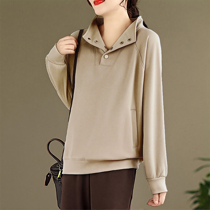 Felpa da donna in cotone a maniche lunghe con colletto rialzato e bottoni, modello Buddha Stones Fall Solid - image 23