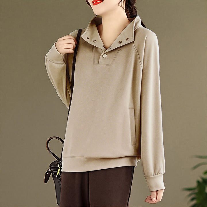Felpa da donna in cotone a maniche lunghe con colletto rialzato e bottoni, modello Buddha Stones Fall Solid - image 23