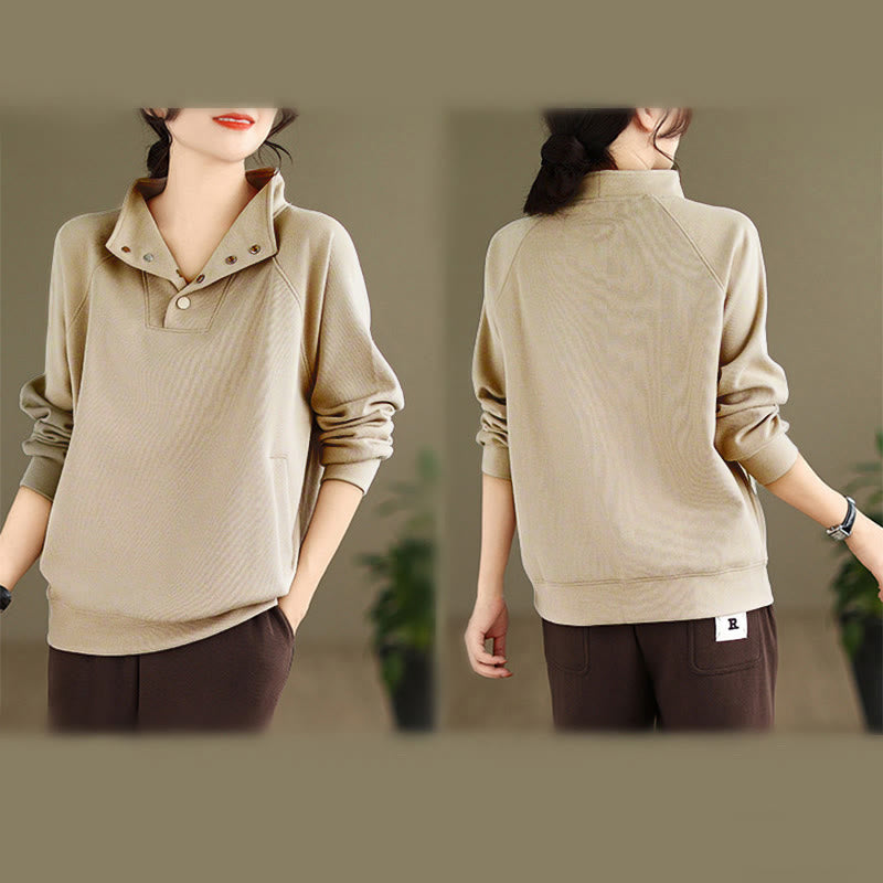 Felpa da donna in cotone a maniche lunghe con colletto rialzato e bottoni, modello Buddha Stones Fall Solid - image 25