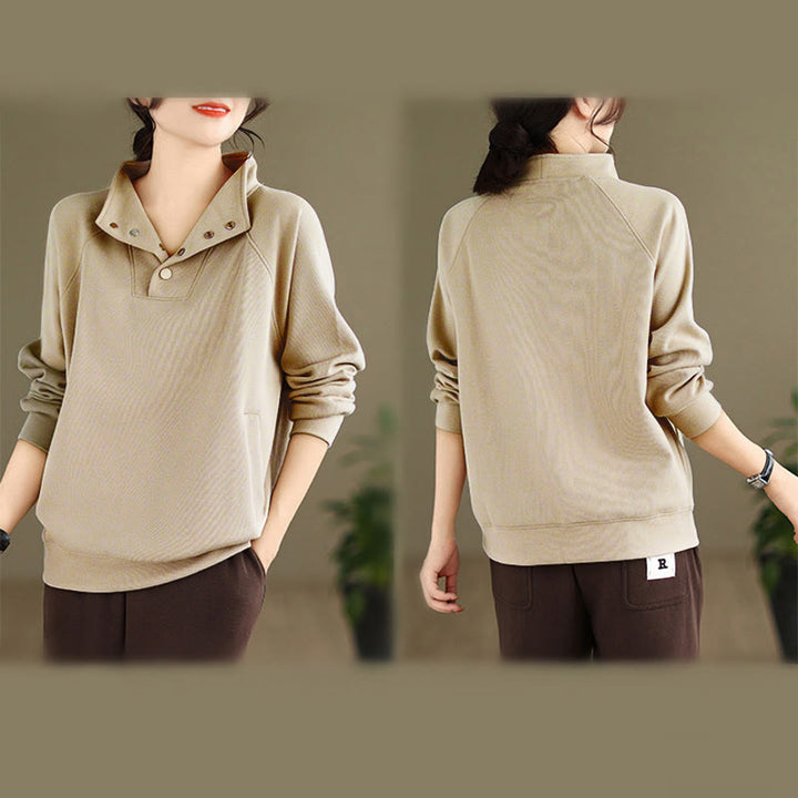 Felpa da donna in cotone a maniche lunghe con colletto rialzato e bottoni, modello Buddha Stones Fall Solid - image 25