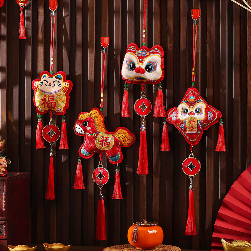 Ricamo Buddha Stones, anno del cavallo, carattere Fu, forma di moneta di rame, decorazione da appendere con filo rosso - image 16