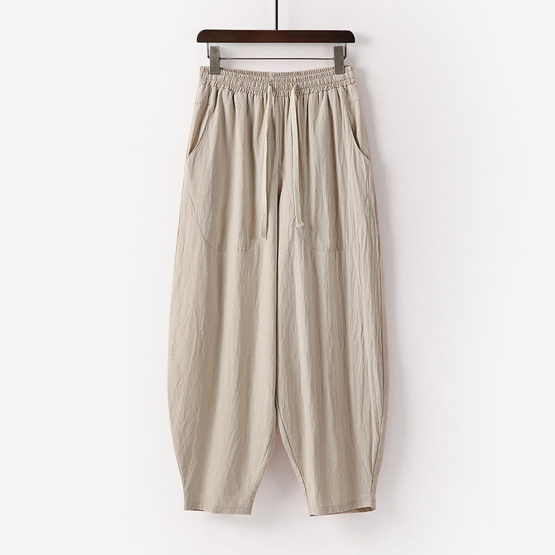 Pantaloni harem da uomo alla caviglia con coulisse e tasche, tinta unita, Buddha Stones, primavera-autunno - Beige - US/UK/AU54, EU64 (9XL) - image 0