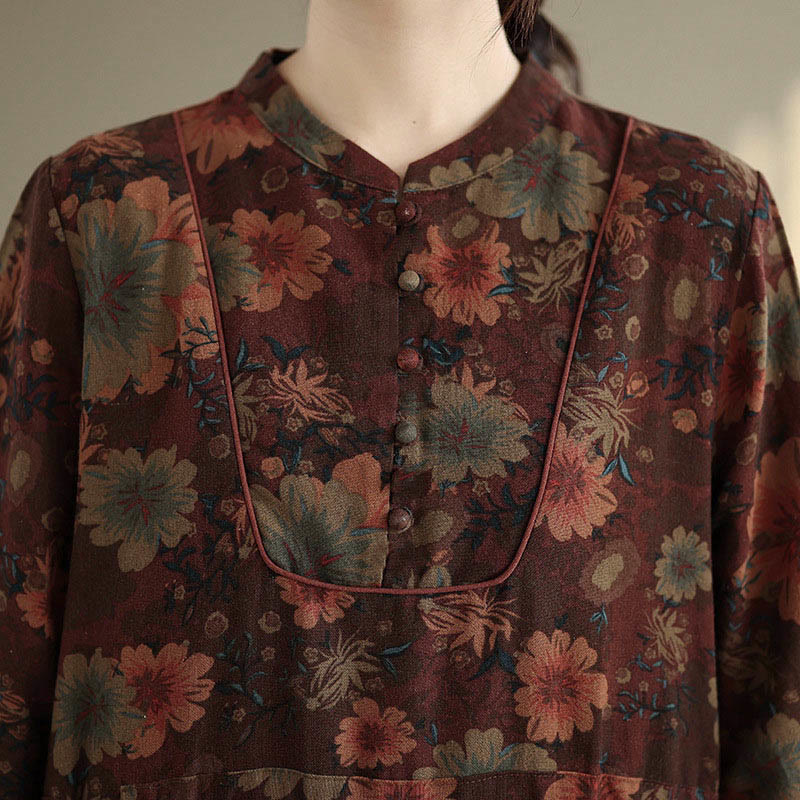 Abito midi in cotone a maniche lunghe con motivo floreale Buddha Stones e tasche - image 9