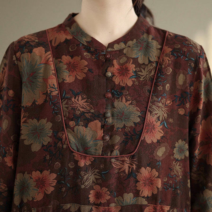 Abito midi in cotone a maniche lunghe con motivo floreale Buddha Stones e tasche - image 9