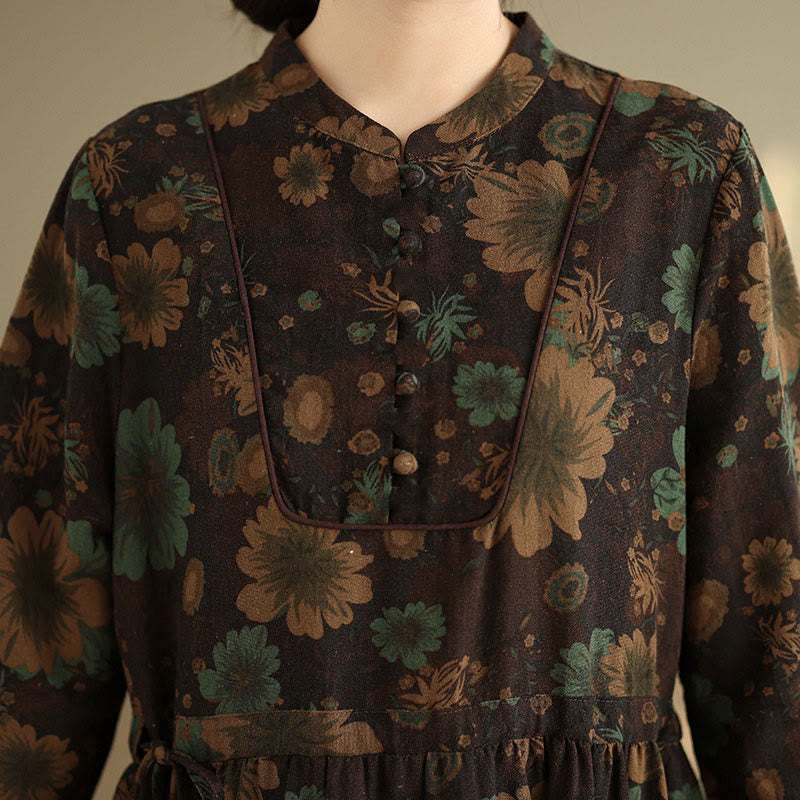 Abito midi in cotone a maniche lunghe con motivo floreale Buddha Stones e tasche - image 22