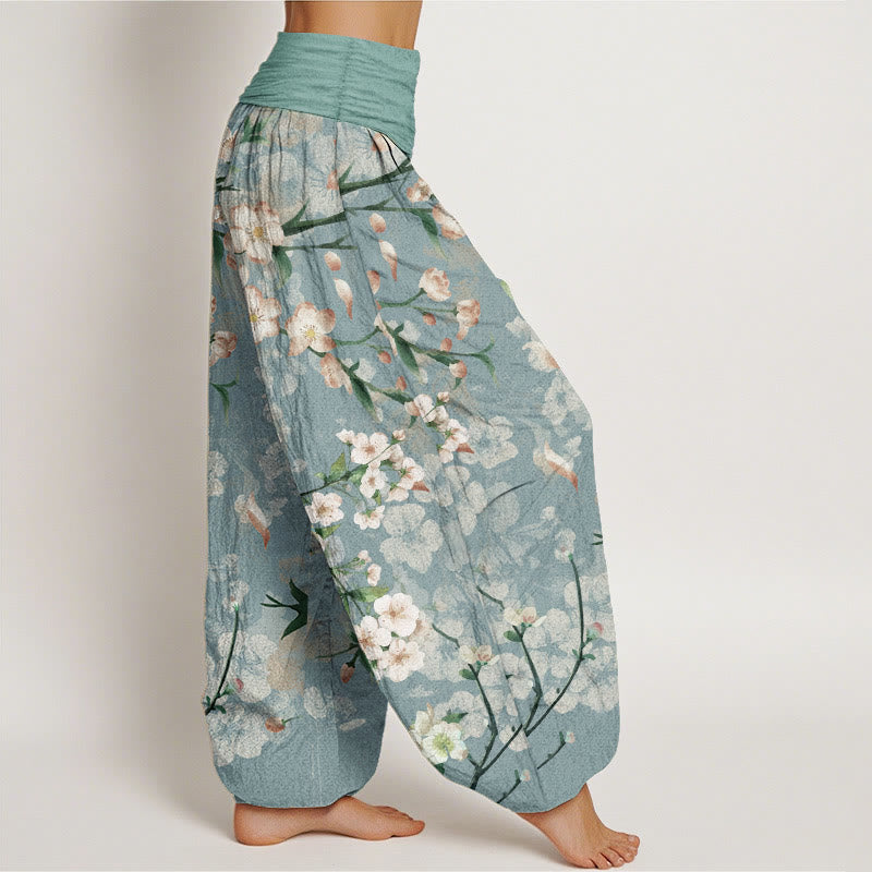 Pantaloni harem da donna con elastico in vita, in puro cotone, con motivo a fiori di pesco e oche volanti, motivo Buddha Stones - image 2