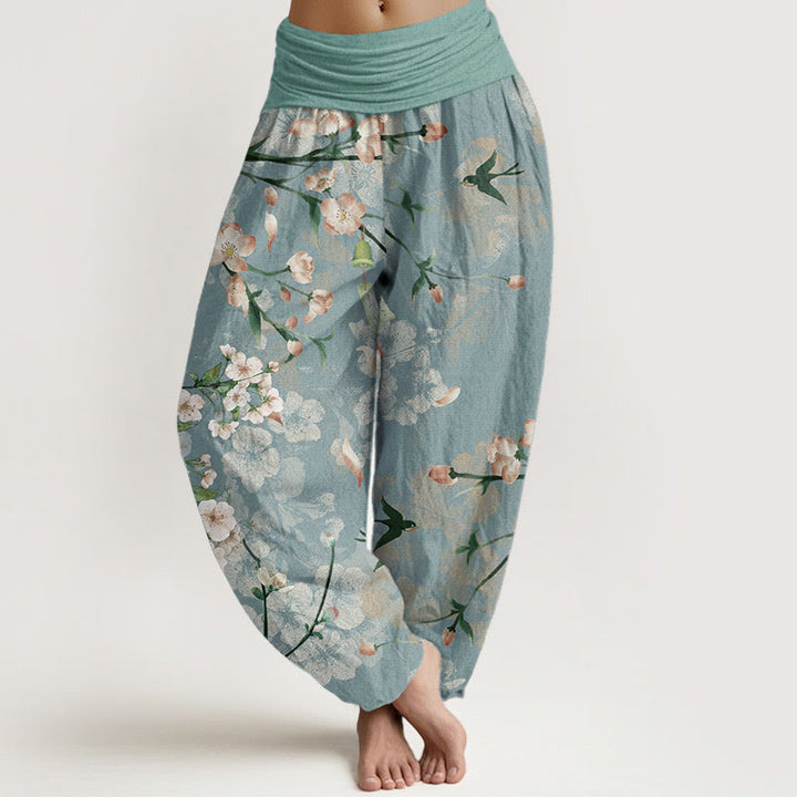 Pantaloni harem da donna con elastico in vita, in puro cotone, con motivo a fiori di pesco e oche volanti, motivo Buddha Stones - Acquamarina media - US22, UK/AU26, EU54 (6XL) - image 0
