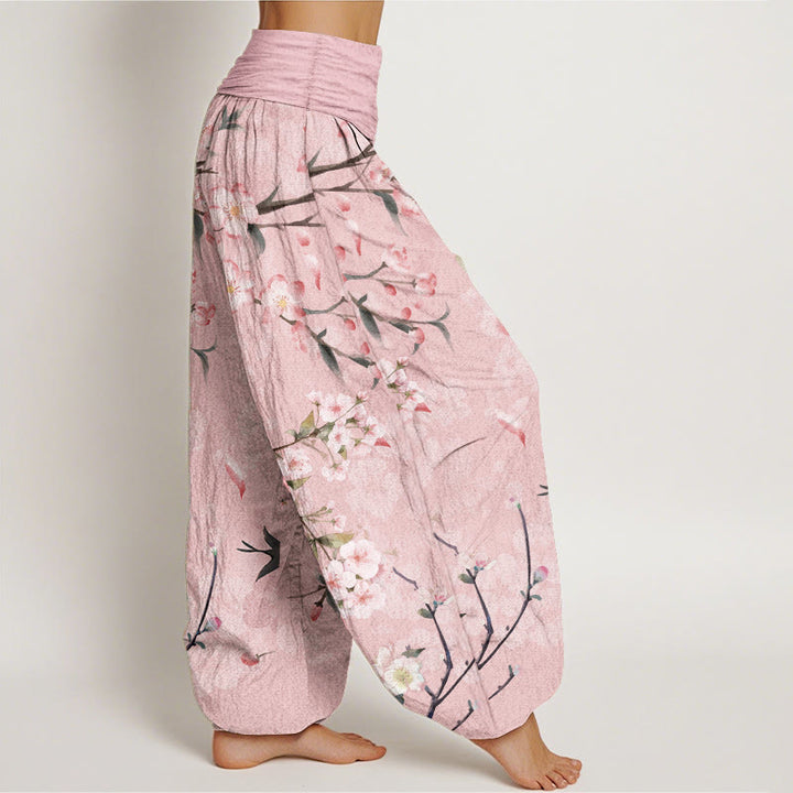 Pantaloni harem da donna con elastico in vita, in puro cotone, con motivo a fiori di pesco e oche volanti, motivo Buddha Stones - image 7