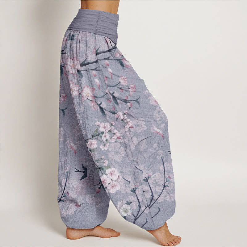 Pantaloni harem da donna con elastico in vita, in puro cotone, con motivo a fiori di pesco e oche volanti, motivo Buddha Stones - image 10