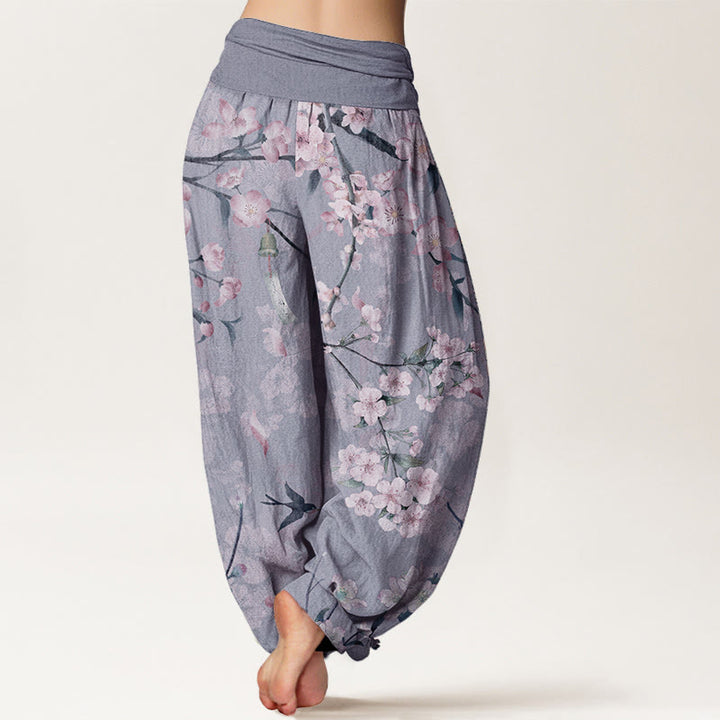 Pantaloni harem da donna con elastico in vita e motivo Buddha Stones in cotone con fiori di pesco e oche volanti - image 8