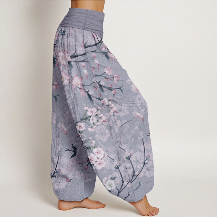 Pantaloni harem da donna con elastico in vita e motivo Buddha Stones in cotone con fiori di pesco e oche volanti - image 9