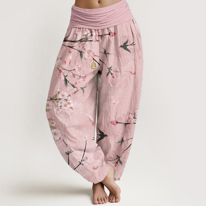 Pantaloni harem da donna con elastico in vita e motivo Buddha Stones in cotone con fiori di pesco e oche volanti - Rosa - US22, UK/AU26, EU54 (6XL) - image 4