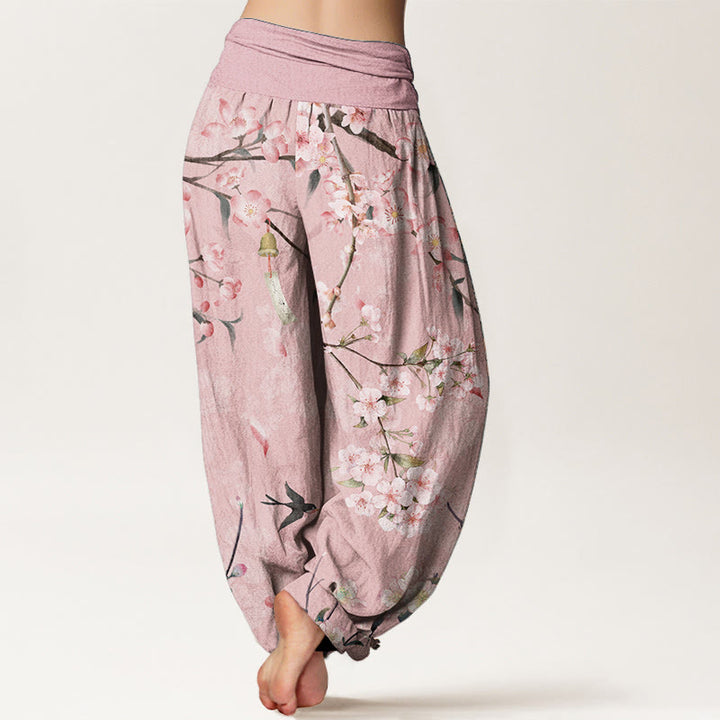 Pantaloni harem da donna con elastico in vita e motivo Buddha Stones in cotone con fiori di pesco e oche volanti - image 5