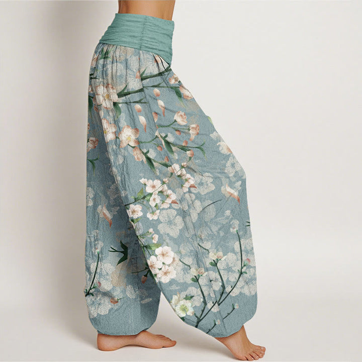 Pantaloni harem da donna con elastico in vita e motivo Buddha Stones in cotone con fiori di pesco e oche volanti - image 2